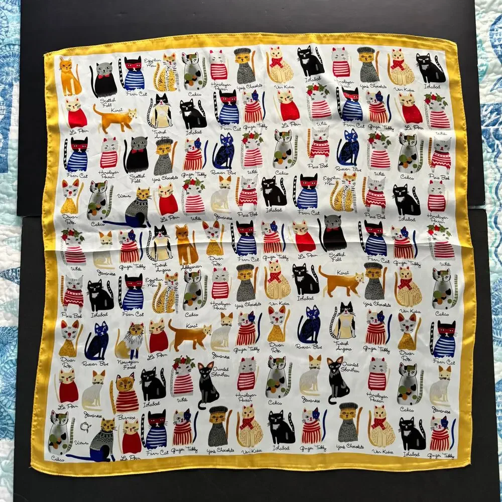 Colorful Cat Breed Print Square Scarf Silky Polyester Neck Hair Purse Accessory